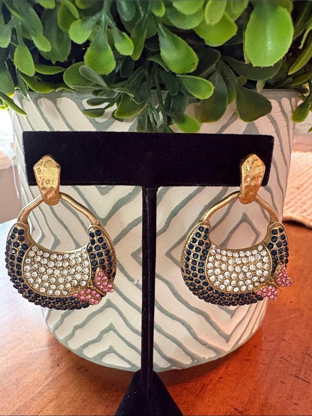 Elegant Gold-Tone Hoop Earrings with Navy, Clear & Pink Crystals
